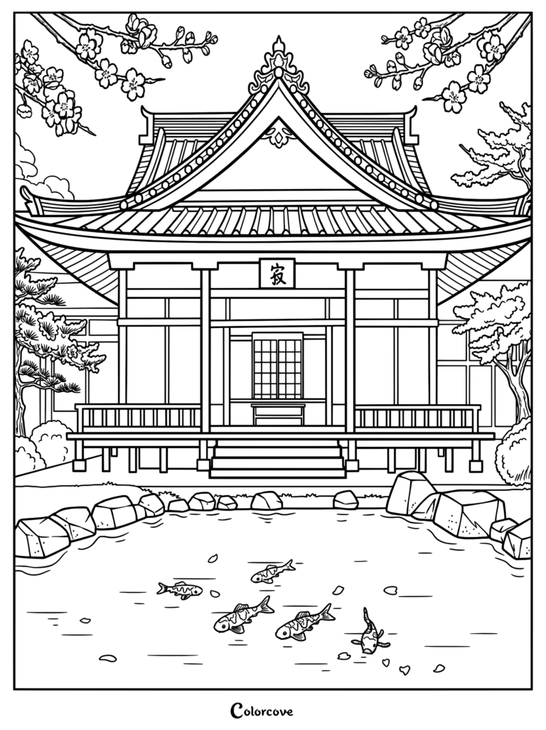 A detailed Japanese garden coloring page featuring a traditional temple building, cherry blossom branches, and koi fish swimming in a pond.