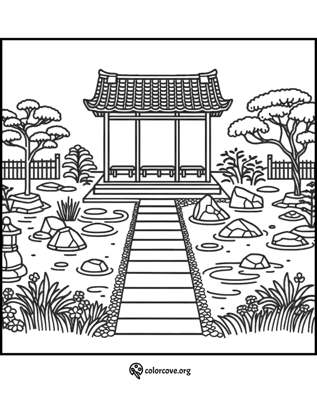 a black and white drawing of a japanese garden