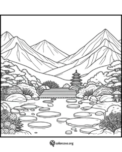 Japanese garden coloring page with stepping stones, pagoda, trees, flowers, and mountains in the background.