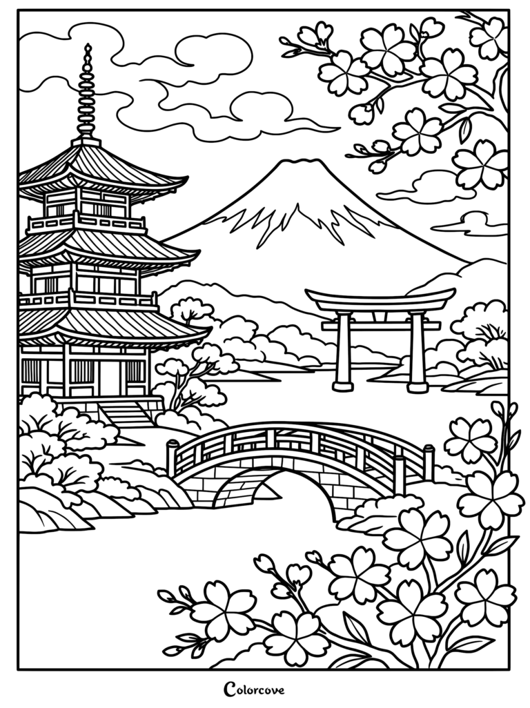 A detailed Japanese garden coloring page featuring a three-story pagoda, a torii gate, an arched stone bridge, and blooming cherry blossoms with Mount Fuji in the background.