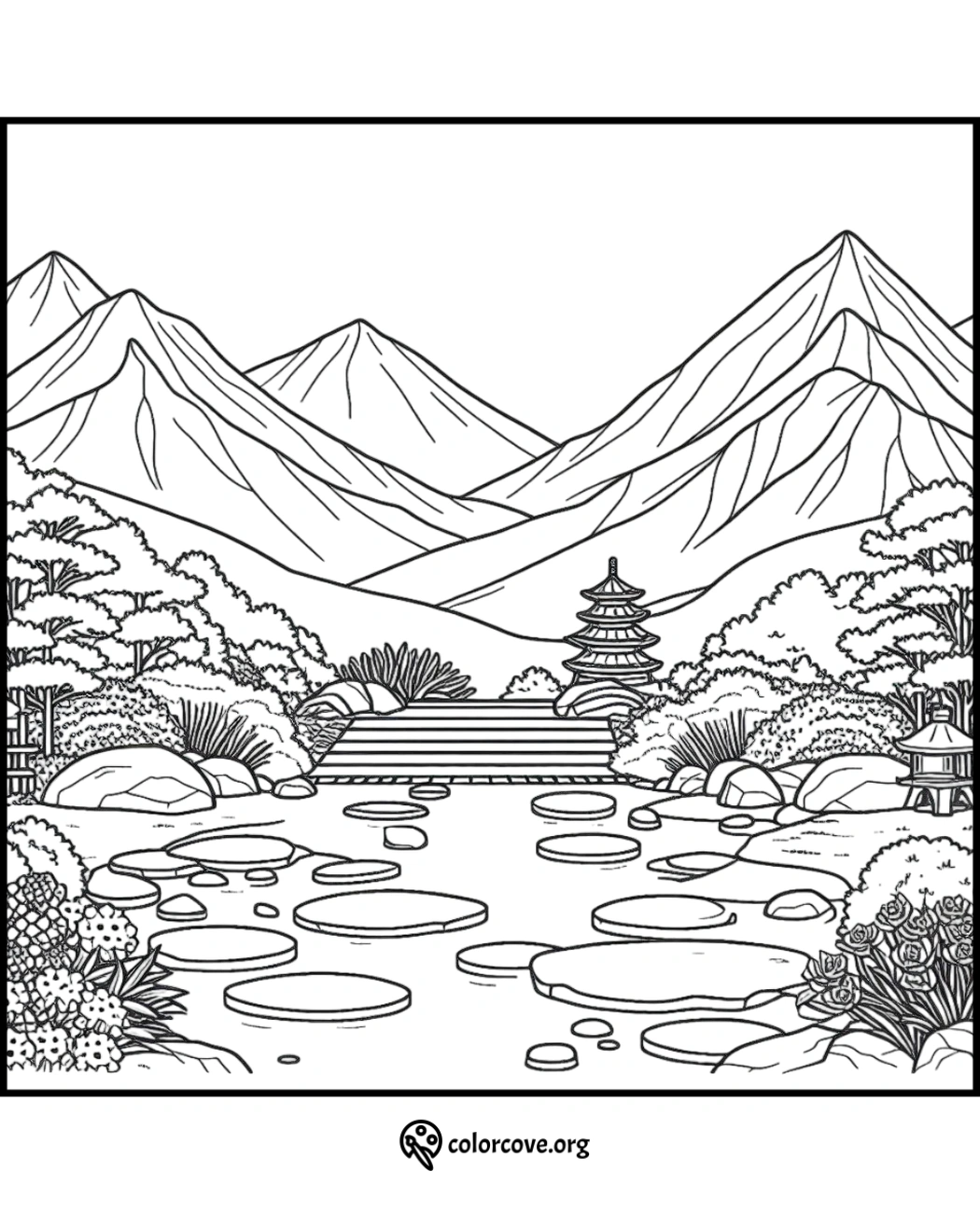 a coloring page of a river with a pagoda and mountains