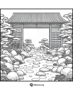 Japanese garden gate coloring page with stone path and trees, perfect for relaxing and creative coloring activities.