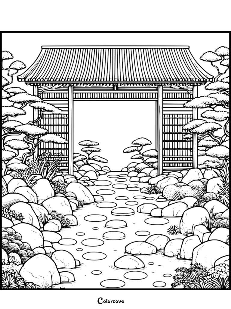 Japanese Garden coloring page featuring a traditional wooden gate surrounded by bonsai trees and a stone path.