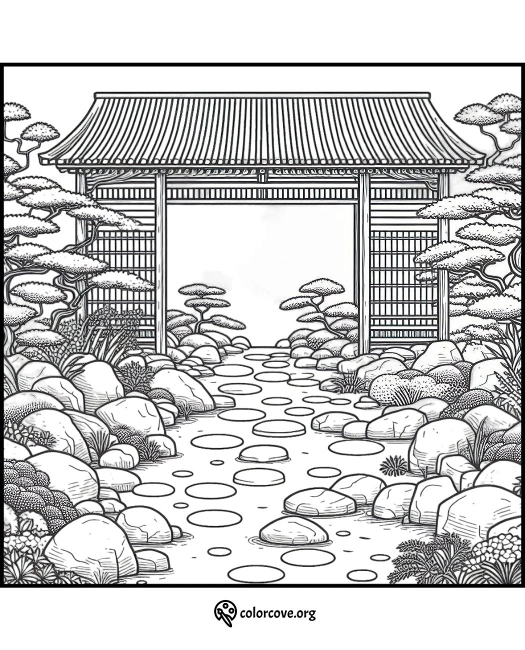 a drawing of a path with rocks and a gazebo