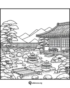 Coloring page of a serene Japanese garden with a traditional house, stepping stones, pagodas, trees, and mountains in the background.