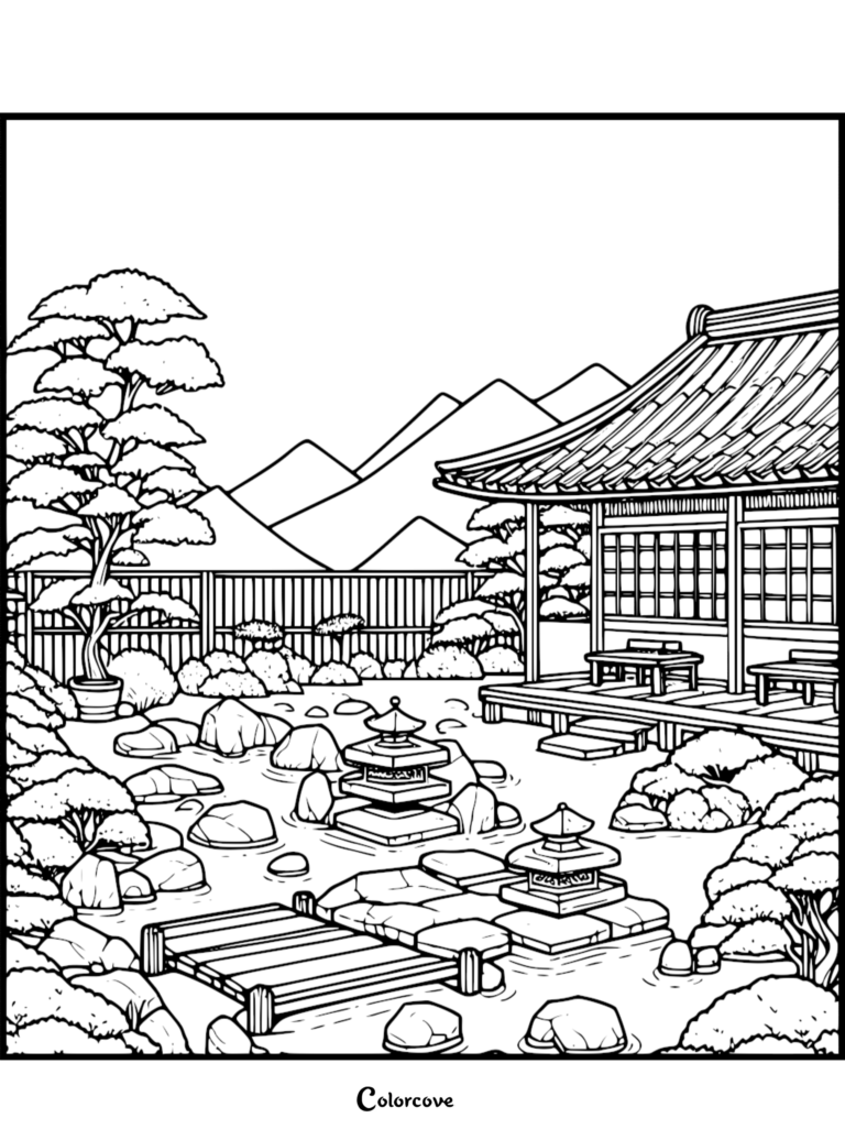 A printable Japanese Garden coloring page featuring a traditional pavilion, stone lanterns, a wooden bridge, and mountain backdrop.