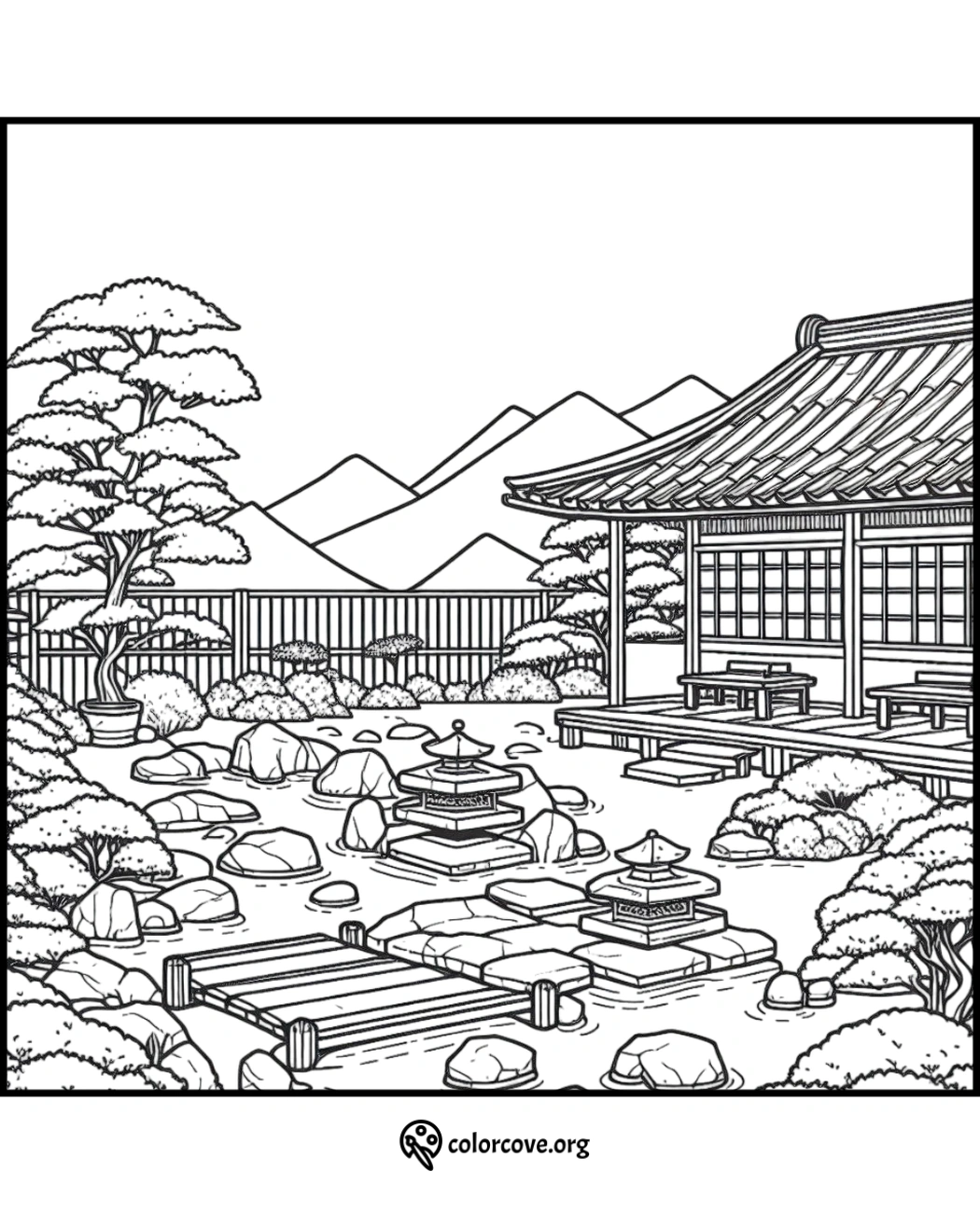 a black and white drawing of a japanese garden