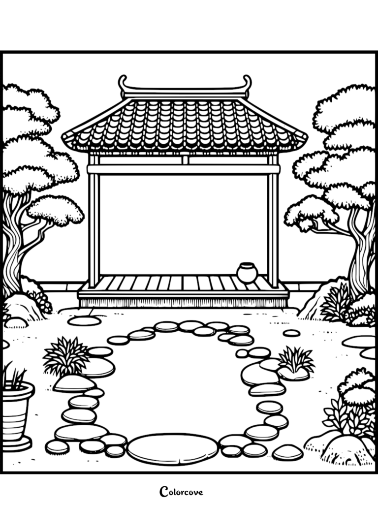 A printable Japanese Garden coloring page featuring a traditional wooden pavilion, stone path, and bonsai trees.