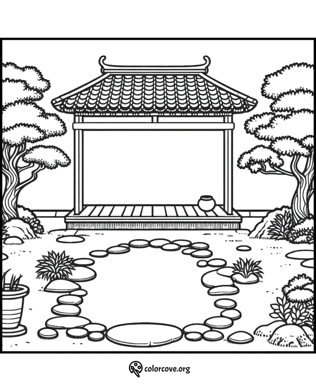 a drawing of a gazebo and a circular stone path