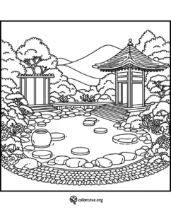 Coloring page of a serene Japanese garden with a pagoda, stepping stones across a pond, and lush greenery.