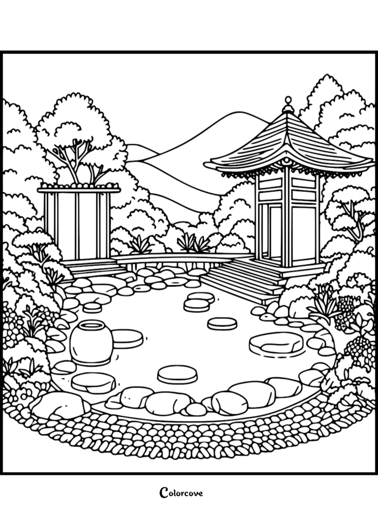 Japanese Garden coloring page featuring a traditional pagoda, stone path, and pond with stepping stones.