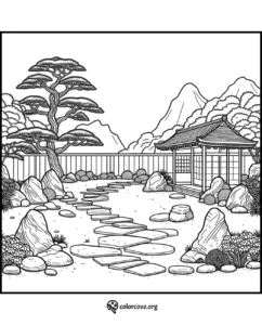 Japanese Zen garden coloring page with a stone pathway, trees, mountains, and traditional building for relaxation.