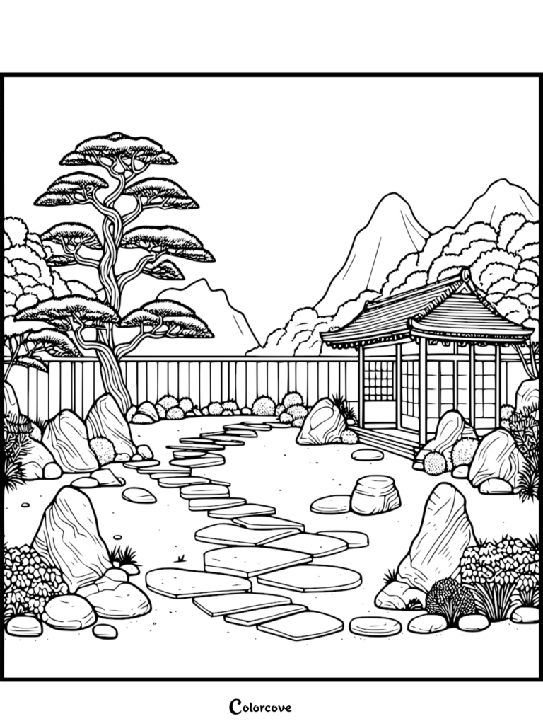 A printable Japanese Garden coloring page featuring a stone path leading to a traditional pavilion with bonsai trees and mountain backdrop.