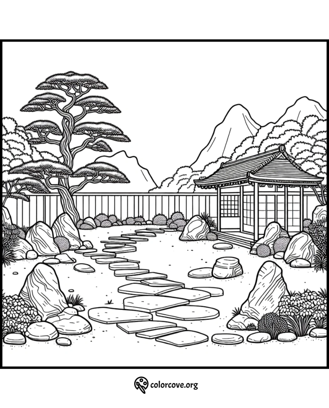 a drawing of a garden with a gazebo and rocks