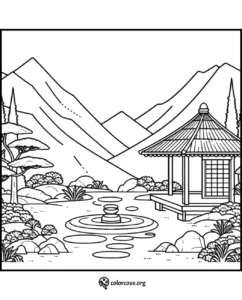 Tranquil Japanese garden coloring page with mountains, pagoda, pond, rocks, and trees. Perfect for relaxation and creativity.