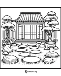Zen garden coloring page with stone path, traditional Japanese building, and bonsai trees for relaxation and creativity.