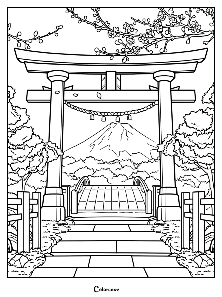 A detailed coloring page featuring a traditional Japanese torii gate framing a view of Mount Fuji, with a wooden bridge and cherry blossom branches in the foreground.