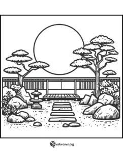 Japanese garden coloring page with trees, lantern, rocks, and a bridge in front of a large round moon in the background.