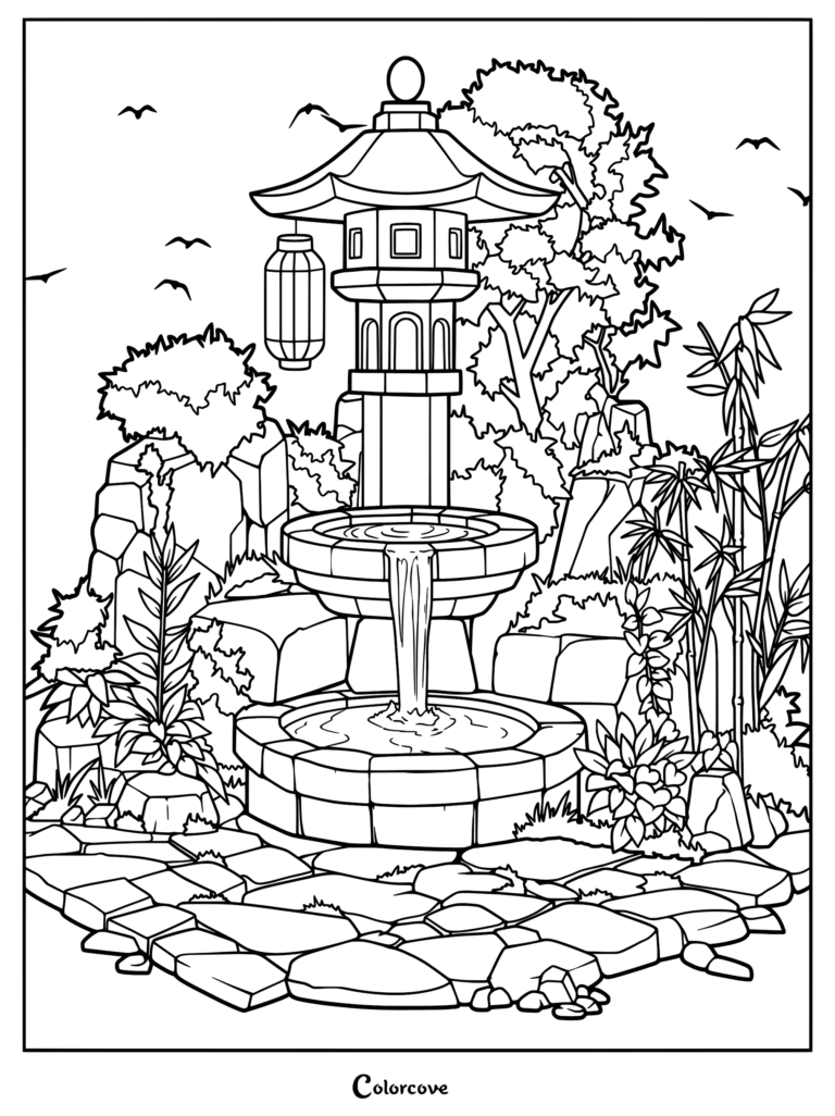 A detailed Japanese garden coloring page featuring a tiered stone lantern fountain, bamboo stalks, and birds flying in the background.