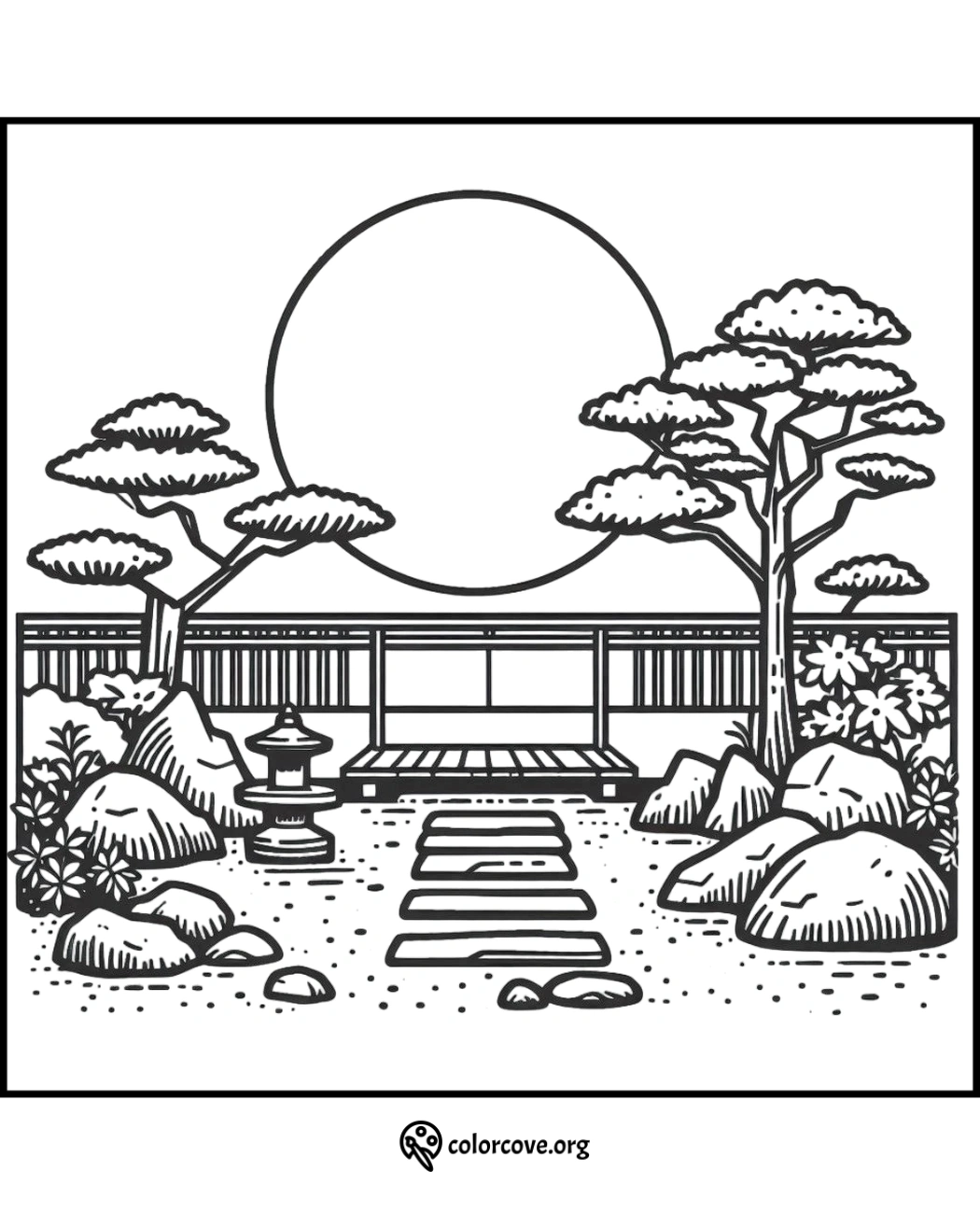 a drawing of a garden with a bridge and trees