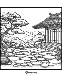 Coloring page of a serene Japanese garden with stepping stones, a tree, mountains, and a traditional building.