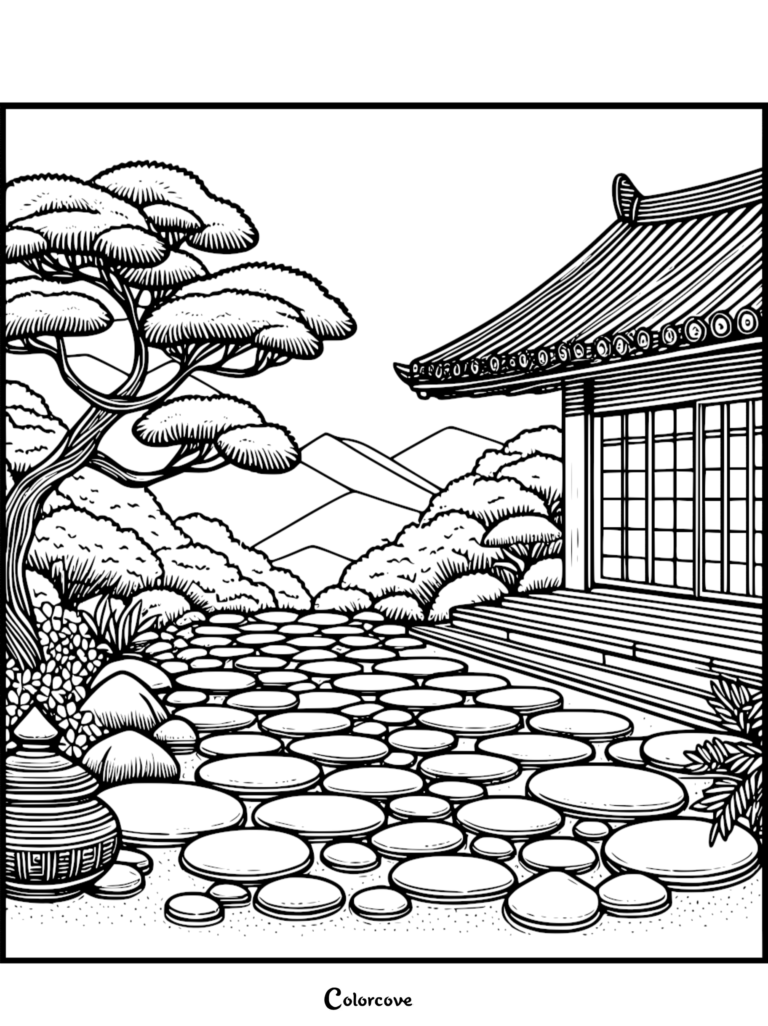 A printable Japanese garden coloring page featuring a stone path leading to a traditional temple with a bonsai tree and mountains in the background.