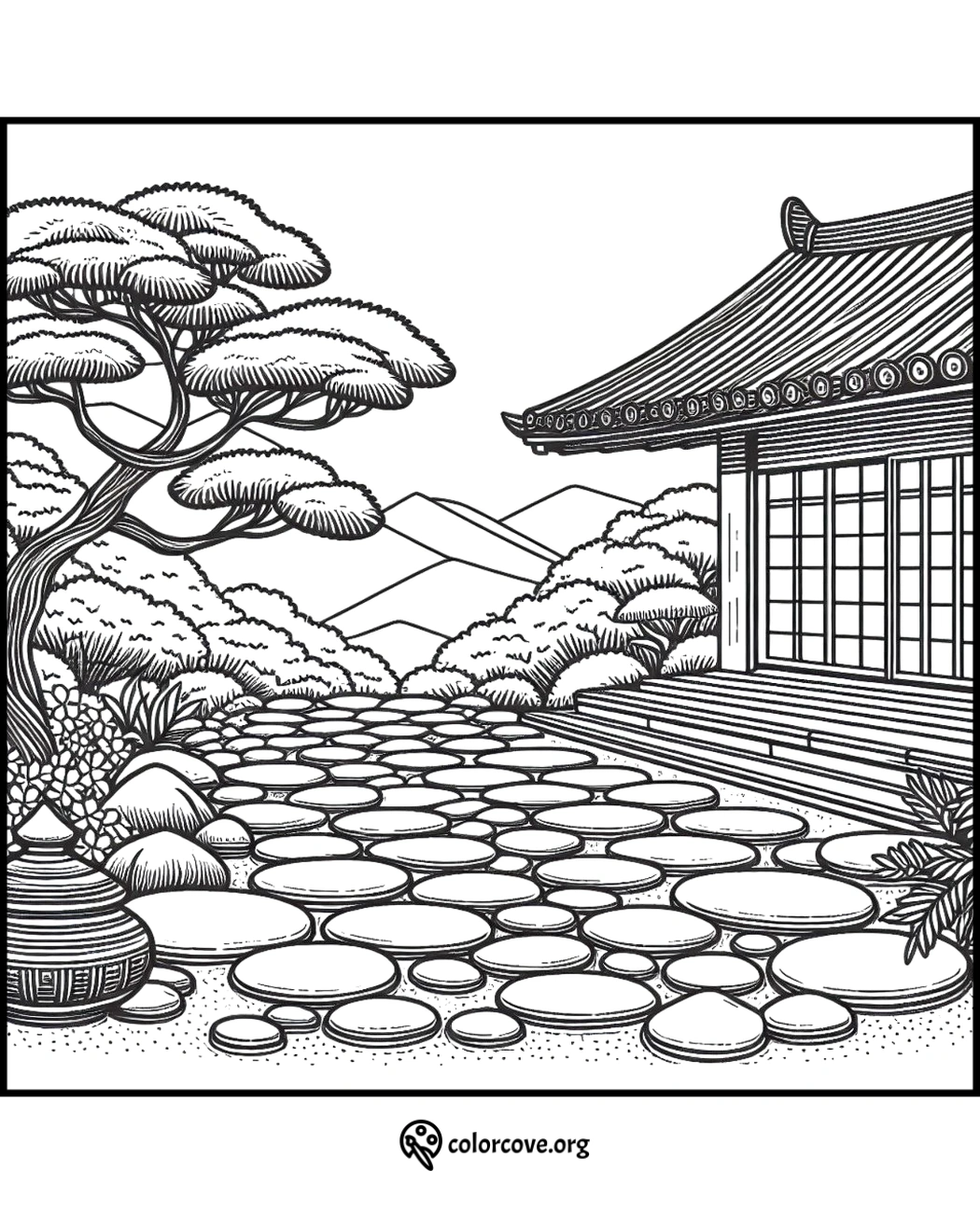 a black and white drawing of a building and a stone path