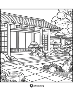 Tranquil Japanese garden with traditional house, bonsai trees, stone paths, and Zen elements in a detailed coloring page.