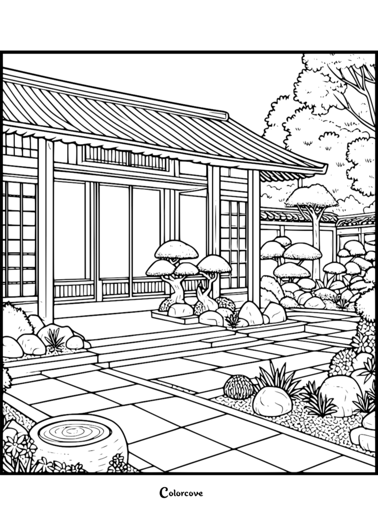 A printable Japanese Garden coloring page featuring a traditional house with shoji screens, manicured bonsai trees, and a stone water basin.