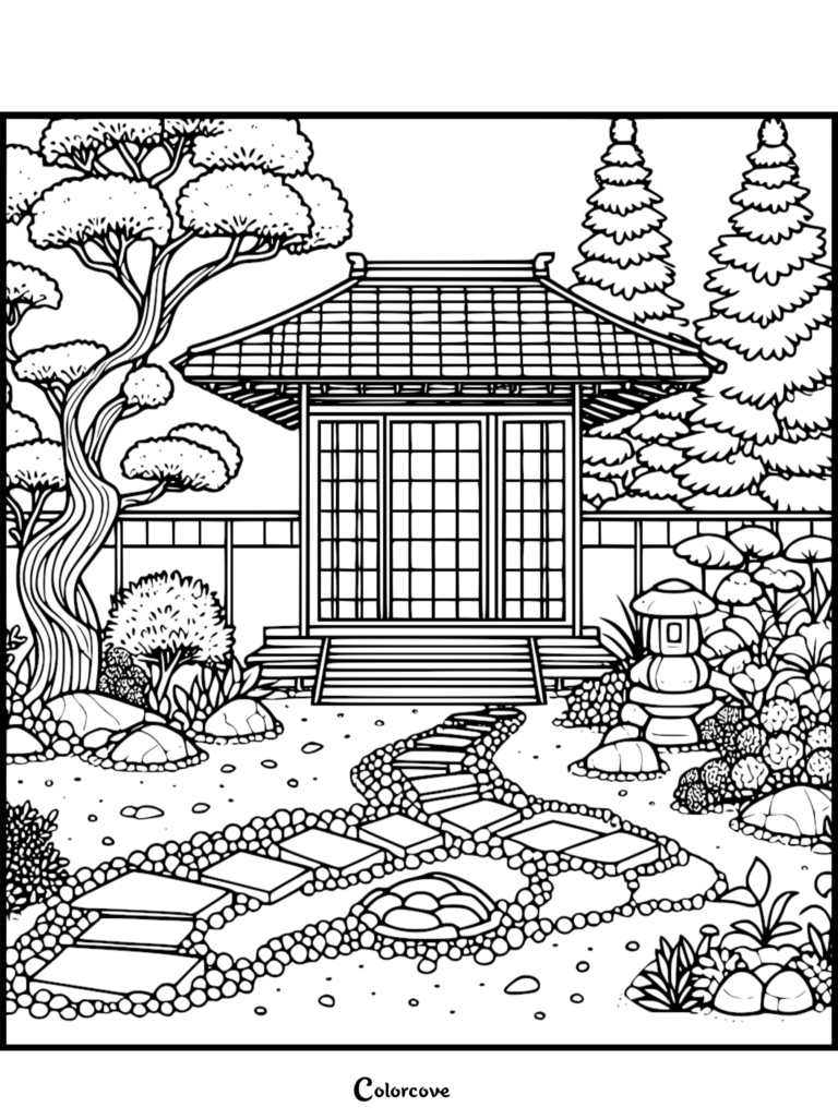 Japanese Garden coloring page featuring a traditional pavilion, stone lantern, and winding path through a Zen landscape.