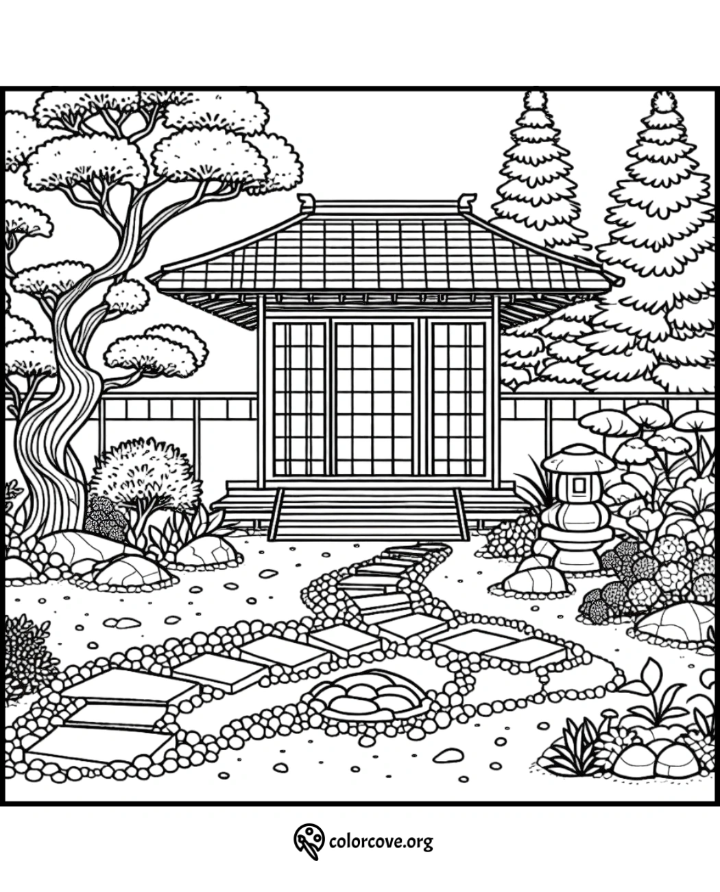 a black and white drawing of a japanese garden