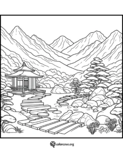 Coloring page of a serene Japanese garden with a pagoda, stepping stones over a pond, trees, and mountains in the background.
