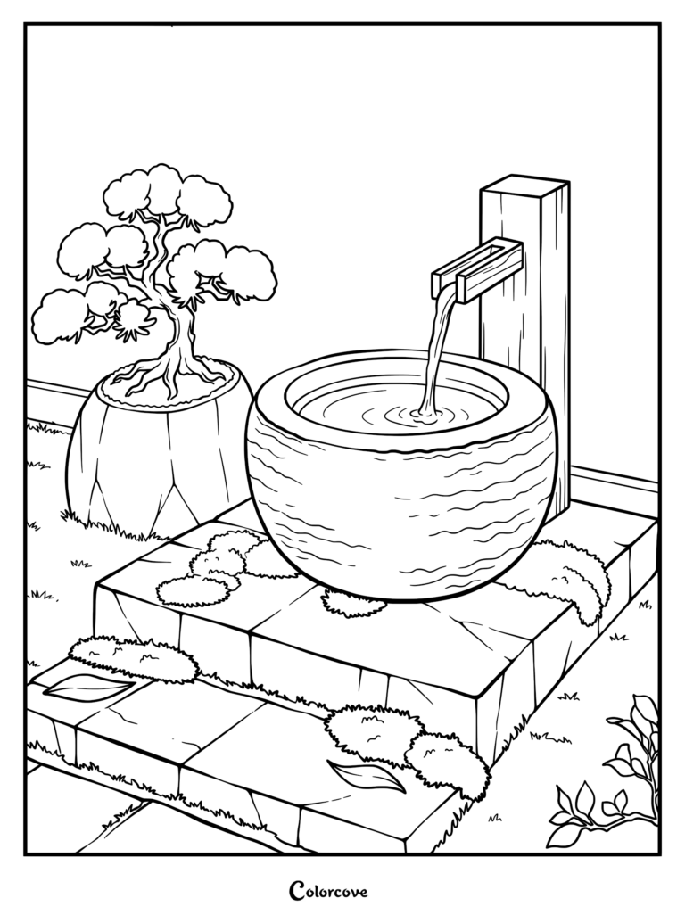 A Japanese garden coloring page featuring a stone water basin with a bamboo spout and a potted bonsai tree on a mossy stone platform.
