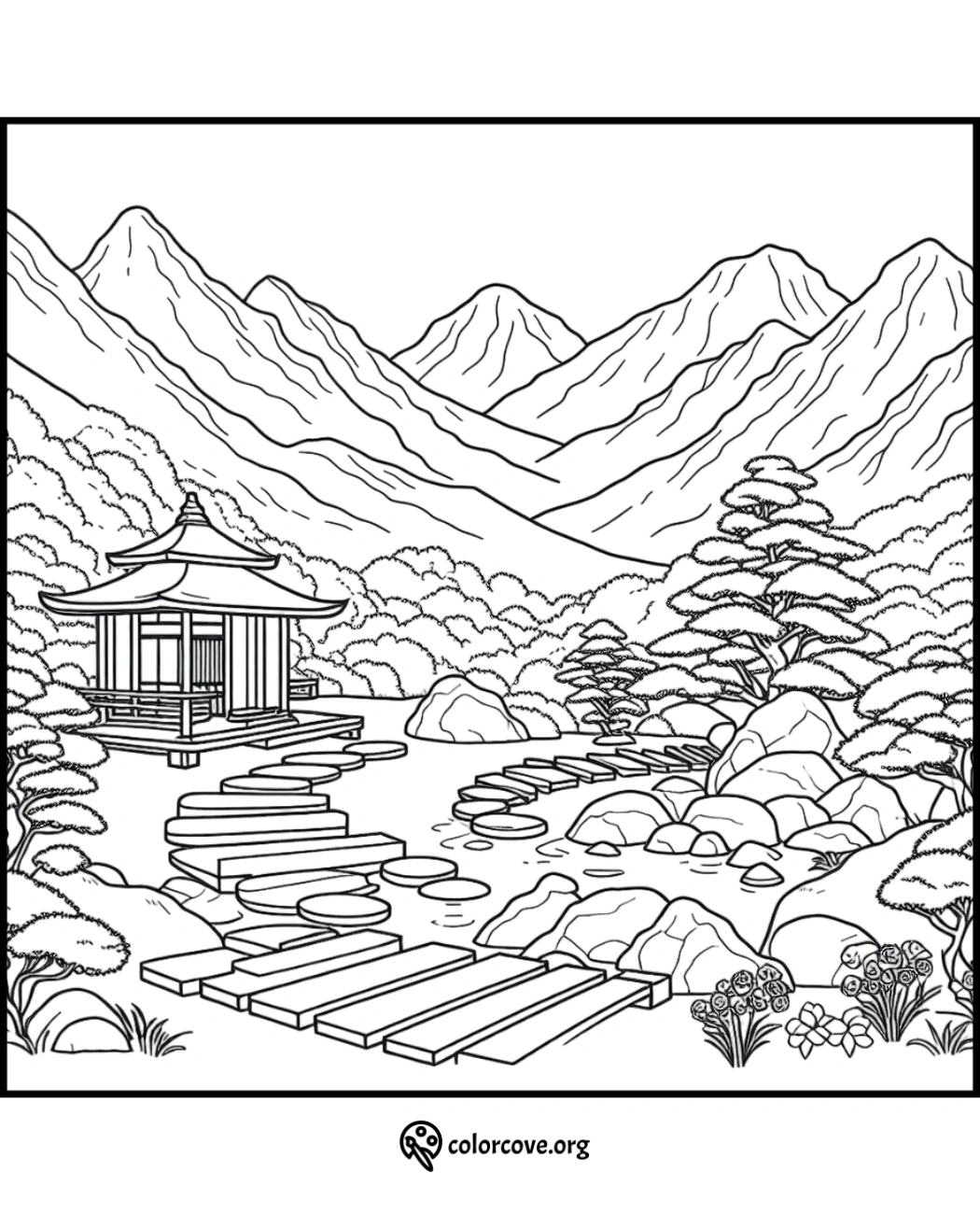 a black and white drawing of a landscape with a pagoda and mountains