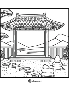 Japanese garden coloring page with traditional pavilion, rocks, and serene landscape – printable for relaxation and creativity.