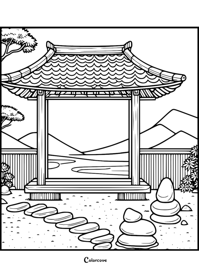 A printable Japanese garden coloring page featuring a traditional pavilion, stone path, and stacked zen rocks.