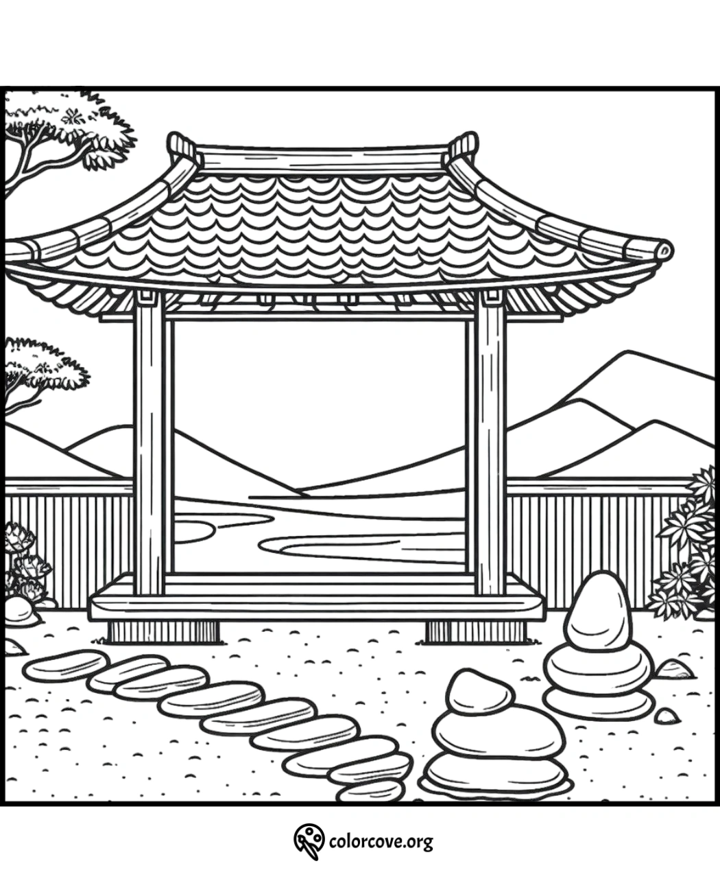 a black and white drawing of a japanese structure