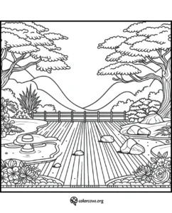Zen-inspired landscape coloring page featuring a wooden deck, stone path, and serene mountains in the background.