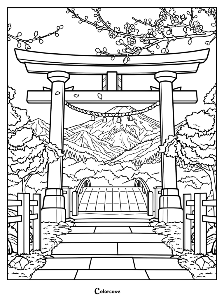 A Japanese garden coloring page featuring a traditional torii gate framing a mountain landscape with a stone bridge and cherry blossoms.