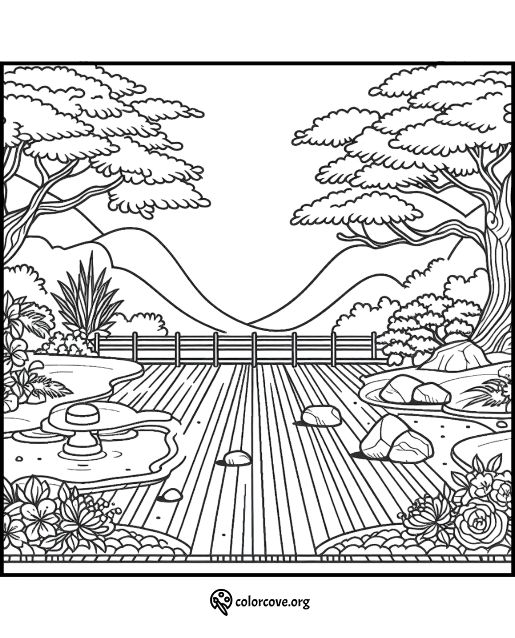 a black and white drawing of a garden