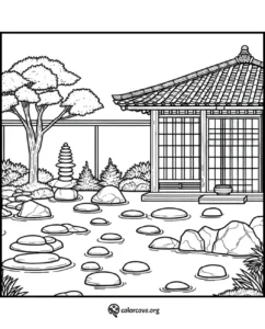 Japanese garden coloring page featuring traditional house, stone pathway, trees, and serene landscape.