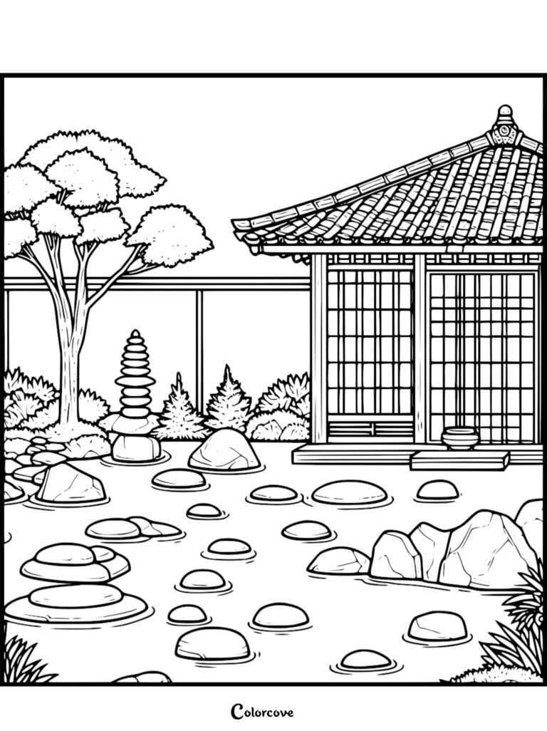 Japanese Garden coloring page featuring a traditional pavilion, stone lantern, and zen rock garden with stepping stones.