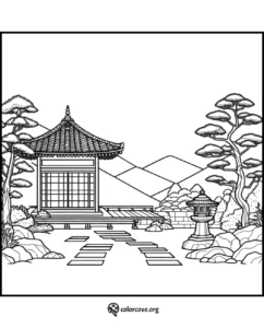 Coloring page featuring a serene Japanese garden with a traditional pavilion, stone path, lantern, and mountains in the background.