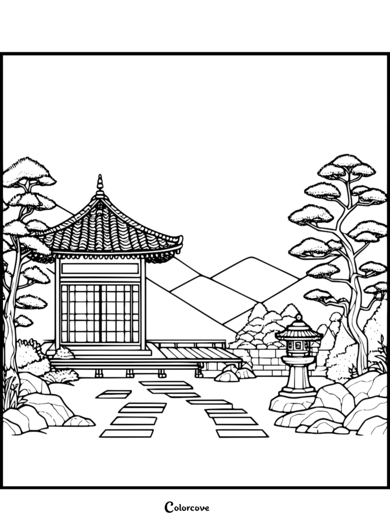 A printable Japanese Garden coloring page featuring a traditional pavilion, stone lantern, stepping stones, and bonsai trees.