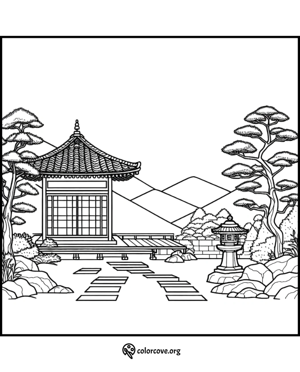 a black and white drawing of a building with trees and rocks