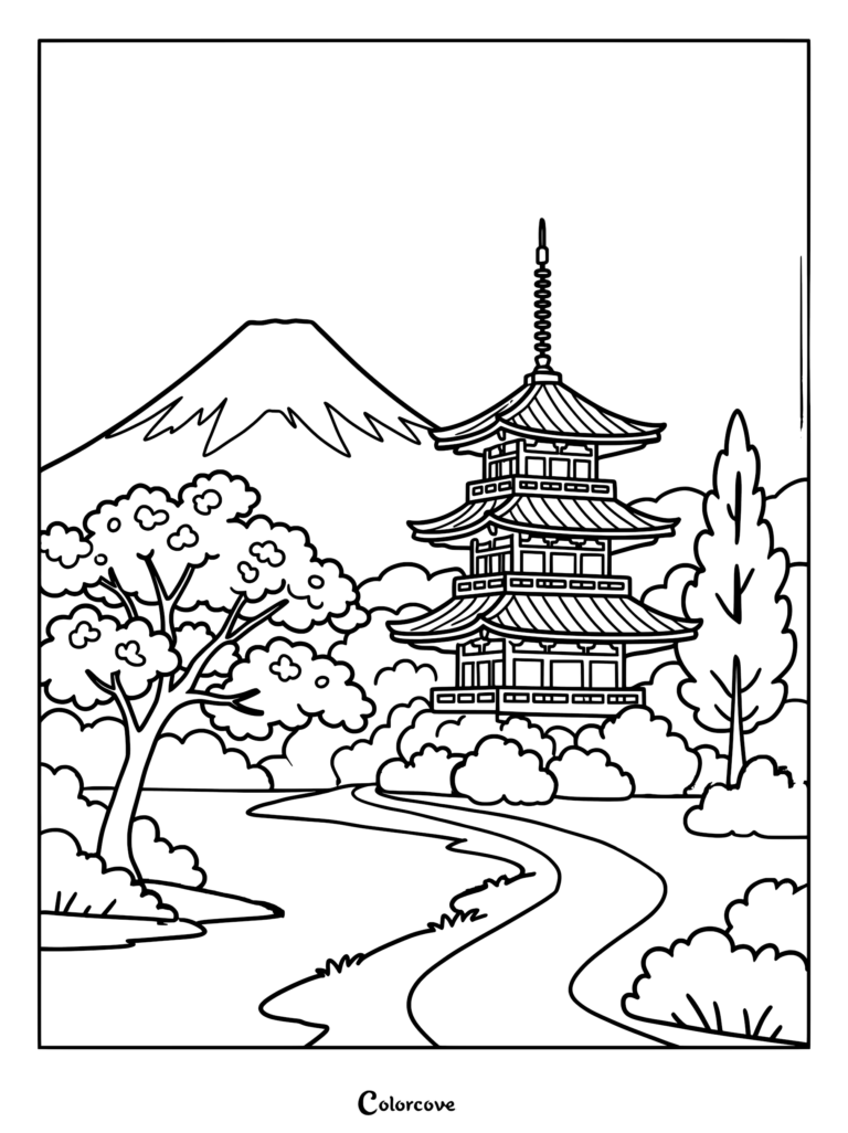 A printable coloring page featuring a three-story Japanese pagoda, a winding path, lush trees, and Mount Fuji in the background.