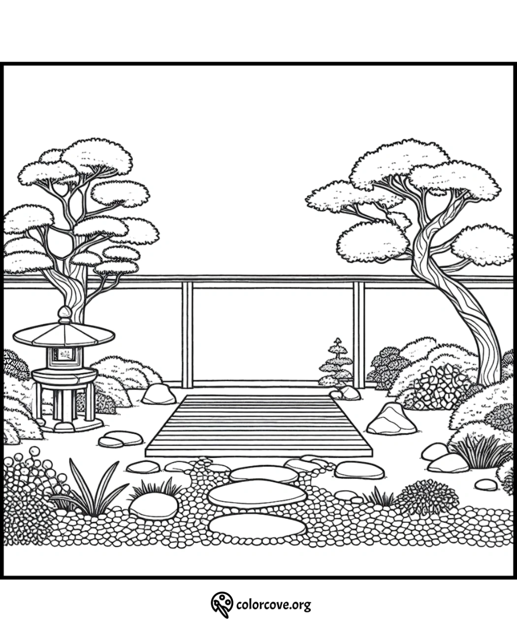 a black and white drawing of a japanese garden