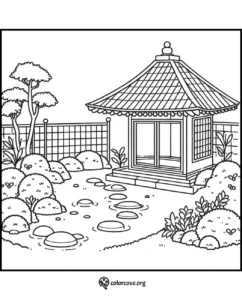 Coloring page of a serene Japanese garden with a traditional gazebo, stepping stones, plants, and trees.