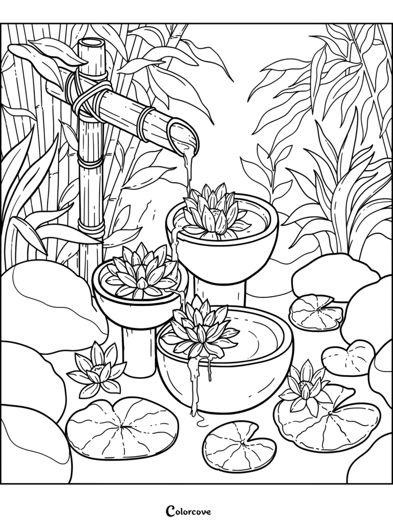 A detailed Japanese garden coloring page featuring a bamboo water fountain pouring into tiered stone bowls with blooming lotus flowers and lily pads.