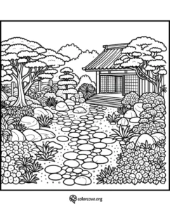 Japanese garden coloring page featuring a stone path, lush foliage, and a traditional house. Ideal for relaxation coloring.